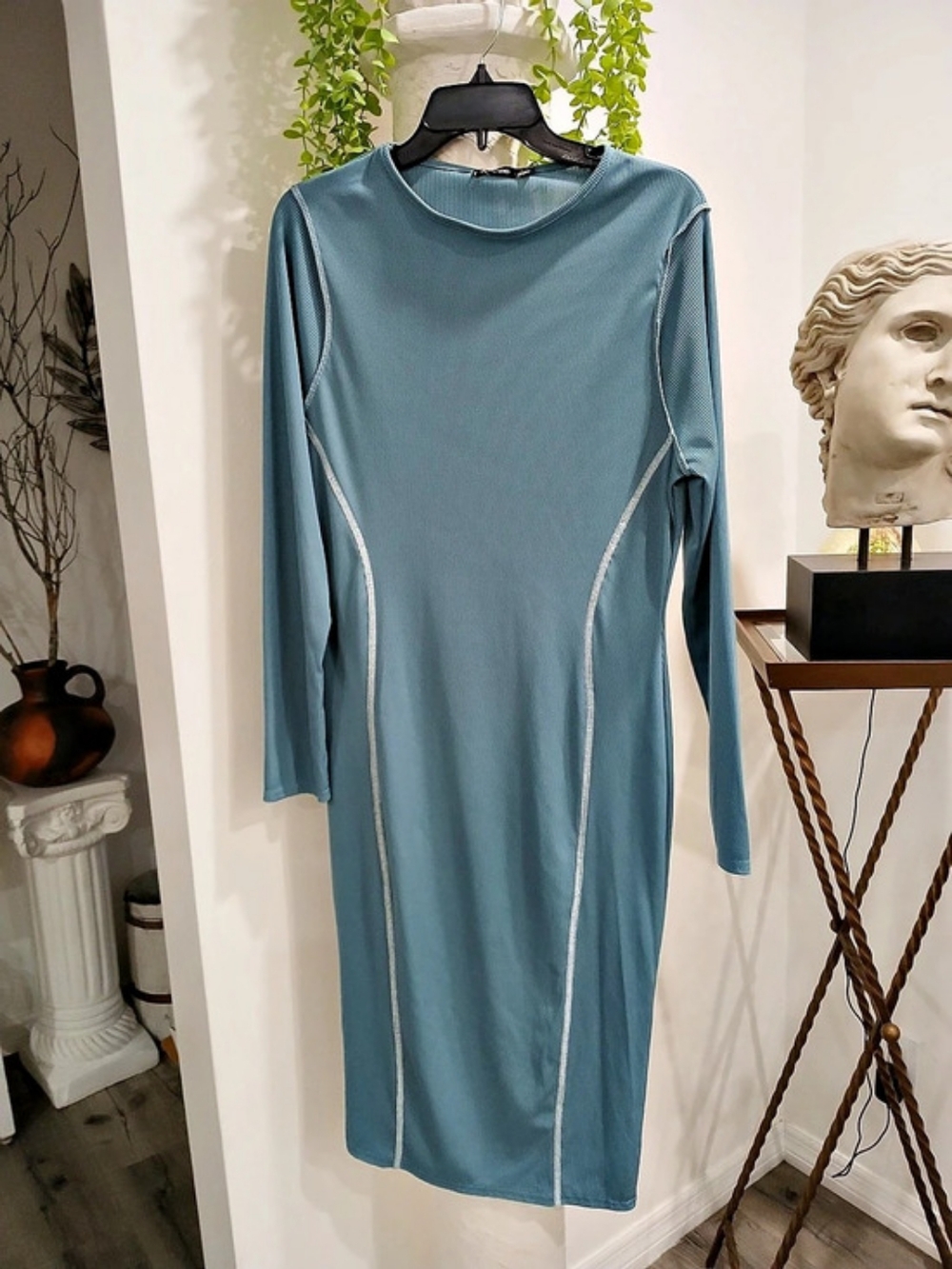 Boohoo Contrast Stitch Rib Long Sleeve Midi Dress Blue Medium NWT